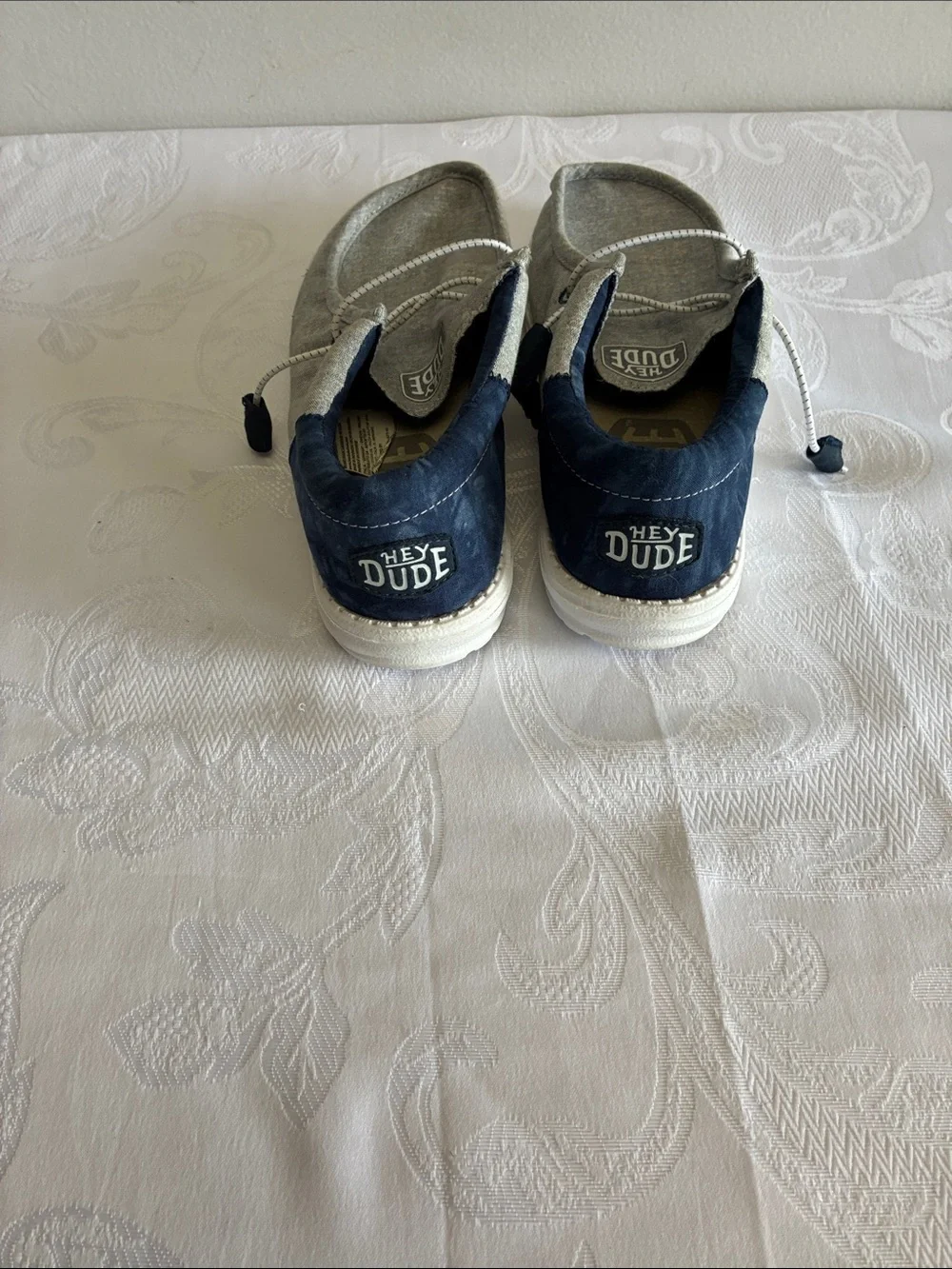 Hey Dude Men's or women’s Light Gray Canvas Slip-On Loafers with Navy Trim